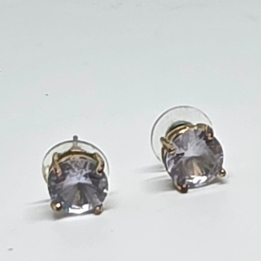 Clear Round Cut Stud Earrings Gold Tone Prong Setting Women